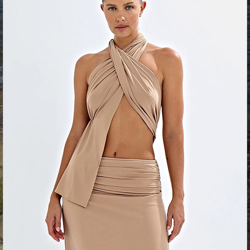 Sleeveless Crisscross Halter Top in Beige